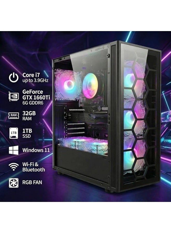 Gaming desktop computer with Core i7 processor, GTX graphics card, 32GB RAM, 1TB SSD, RGB cooling, and includes a gaming keyboard and mouse. - Image 3