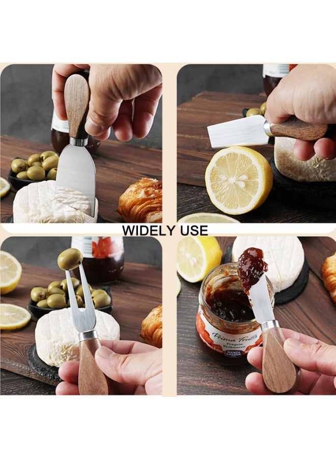 عربست طقم سكاكين جبن مكون من 6 قطع، يشمل سكاكين لتقطيع الجبن، قطاعة جبن، شوكة جبن، سكين لدهن الجبن، مصنوعة من الفولاذ المقاوم للصدأ بمقابض خشبية، مثالية لتقديم الجبن والمقبلات، طقم أدوات مائدة وهدية مميزة. - Image 4