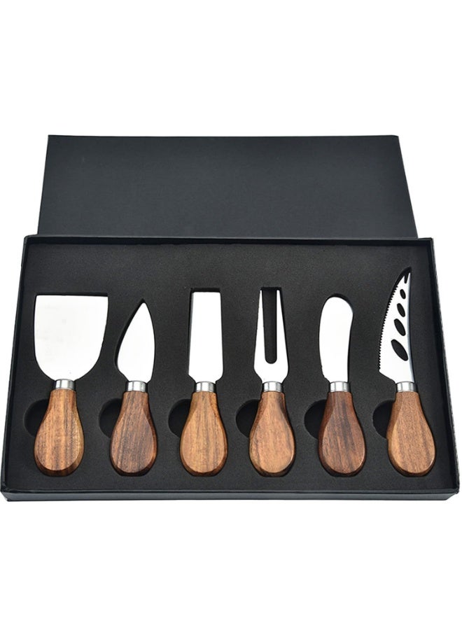عربست طقم سكاكين جبن مكون من 6 قطع، يشمل سكاكين لتقطيع الجبن، قطاعة جبن، شوكة جبن، سكين لدهن الجبن، مصنوعة من الفولاذ المقاوم للصدأ بمقابض خشبية، مثالية لتقديم الجبن والمقبلات، طقم أدوات مائدة وهدية مميزة. - Image 1