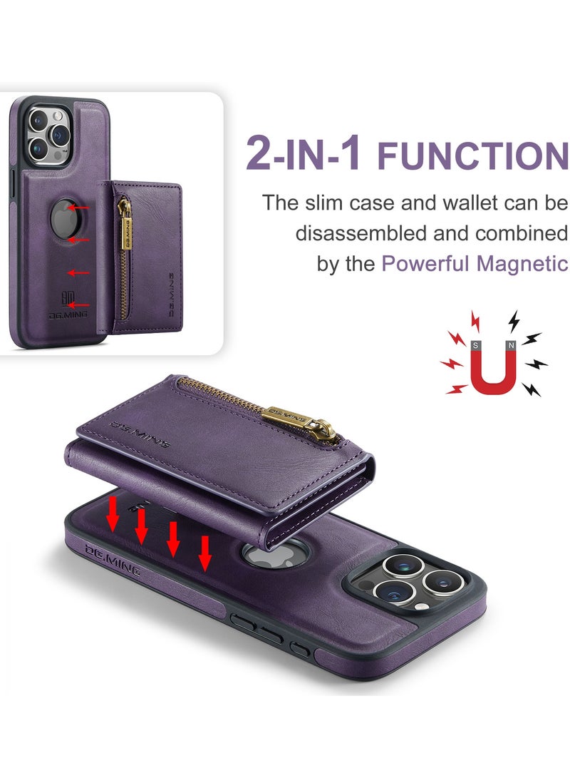 DGMING CaseMe Wallet Case for iPhone 15 Pro MAX DGMING Premium Leather Phone Case Back Cover Magnetic Detachable with Trifold Wallet Card Holder Pocket - Purple - Image 2