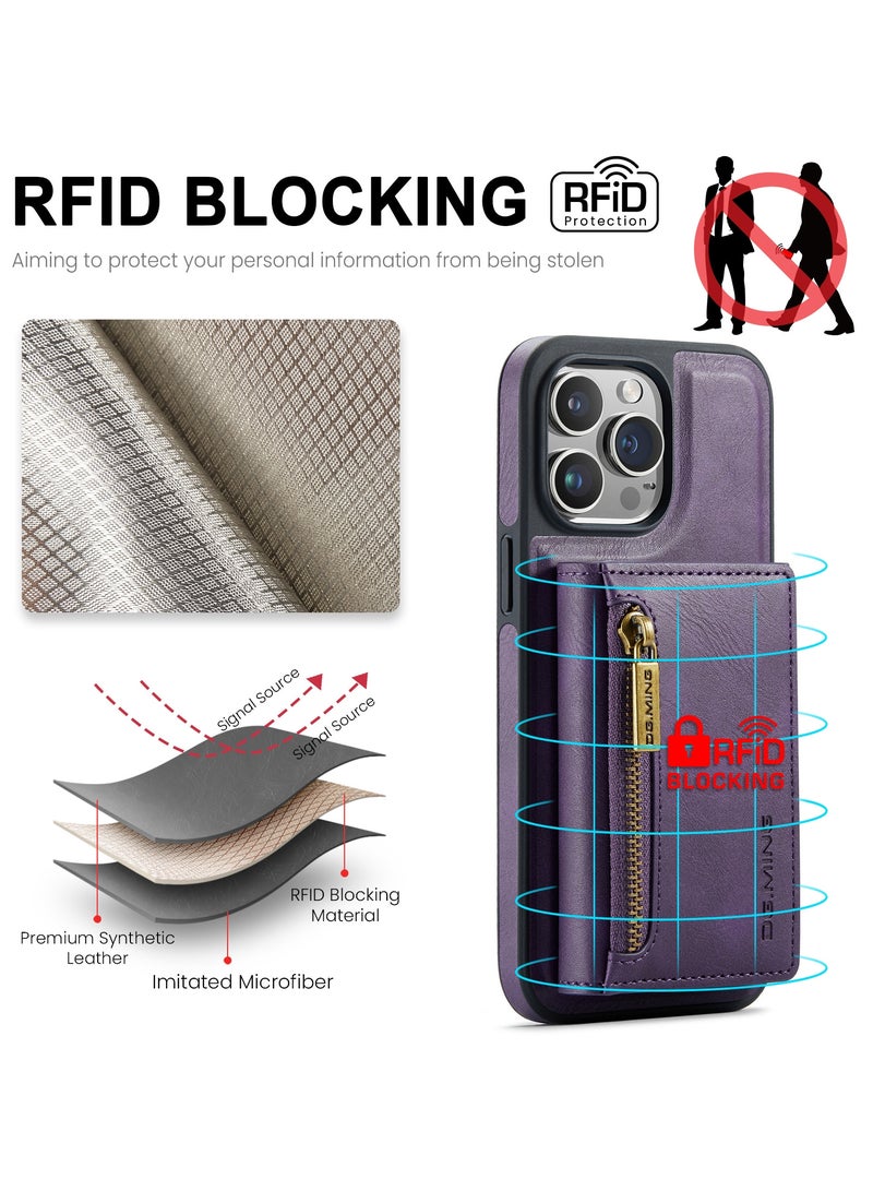 DGMING CaseMe Wallet Case for iPhone 15 Pro MAX DGMING Premium Leather Phone Case Back Cover Magnetic Detachable with Trifold Wallet Card Holder Pocket - Purple - Image 3
