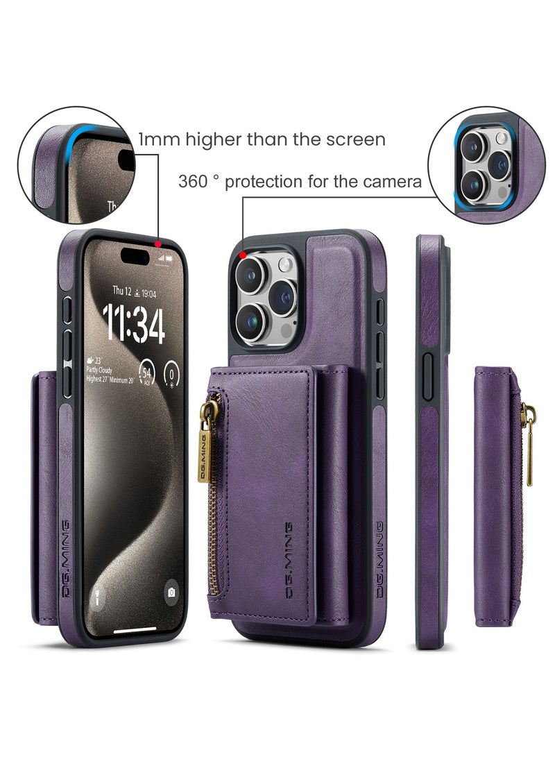 DGMING CaseMe Wallet Case for iPhone 15 Pro MAX DGMING Premium Leather Phone Case Back Cover Magnetic Detachable with Trifold Wallet Card Holder Pocket - Purple - Image 4