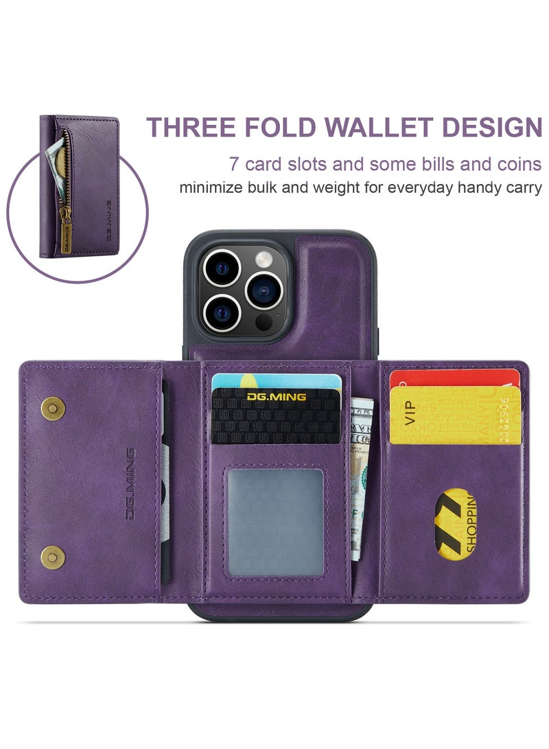 DGMING CaseMe Wallet Case for iPhone 15 Pro MAX DGMING Premium Leather Phone Case Back Cover Magnetic Detachable with Trifold Wallet Card Holder Pocket - Purple - Image 5