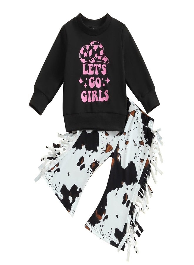 wybzd Toddler Baby Girl Cowboy Outfits Western Cowgirl Sweatshirt Cow Tassels Ruffle Flare Pants Cute Fall Clothes (Let's Go Girls, 12-18 Months) - Image 1