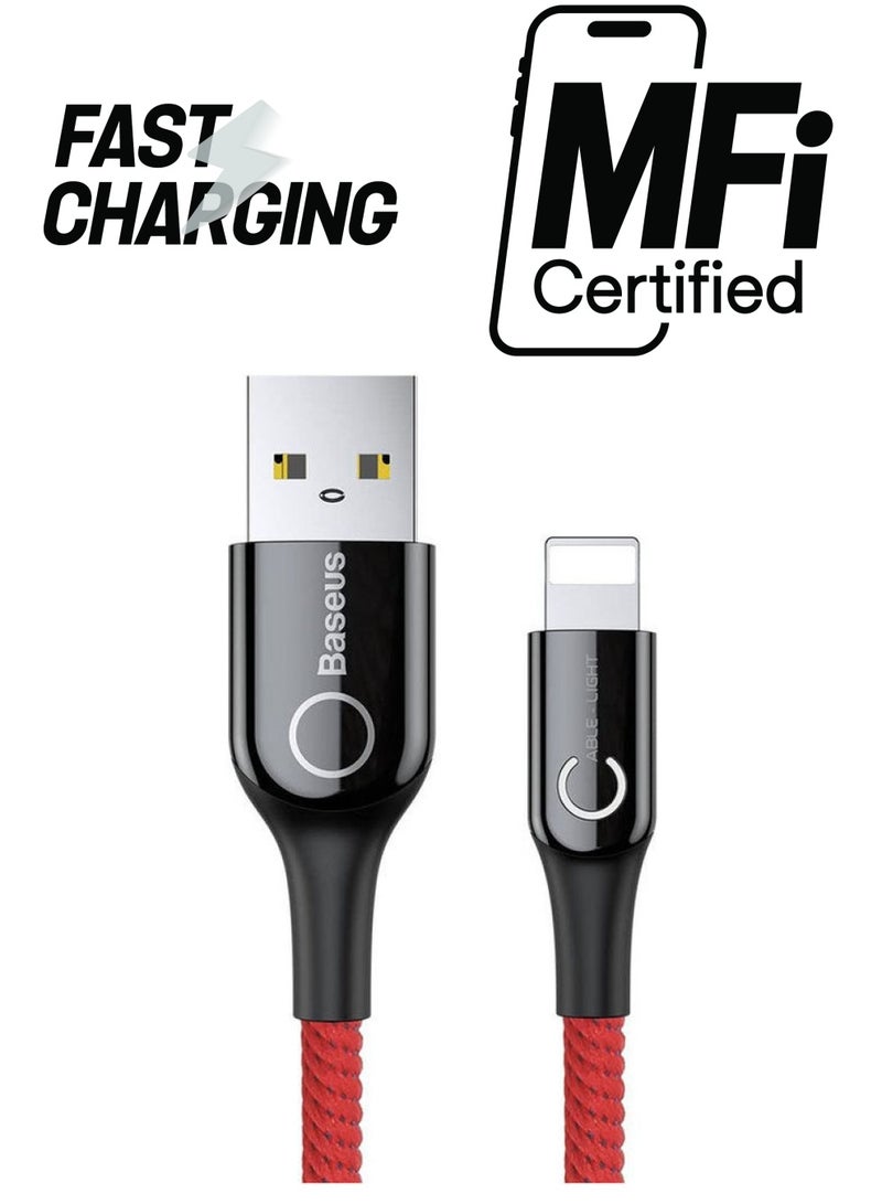 بيسوس كابل من USB-A إلى Lightning بمؤشر ضوئي على شكل حرف C بتصميم ذكي يعمل على توقف الشحن تلقائياً أحمر - Image 1