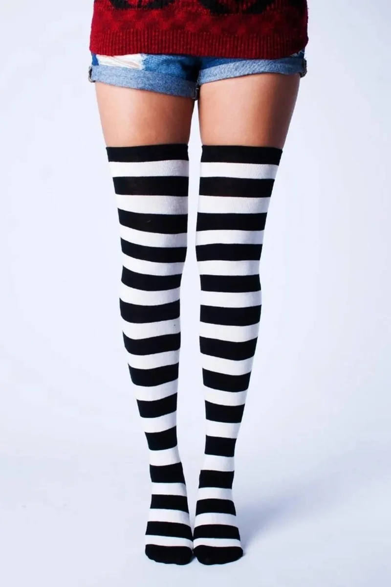 Carnaval Socks Black and White Multi Circle Patterned Over the Knee Socks