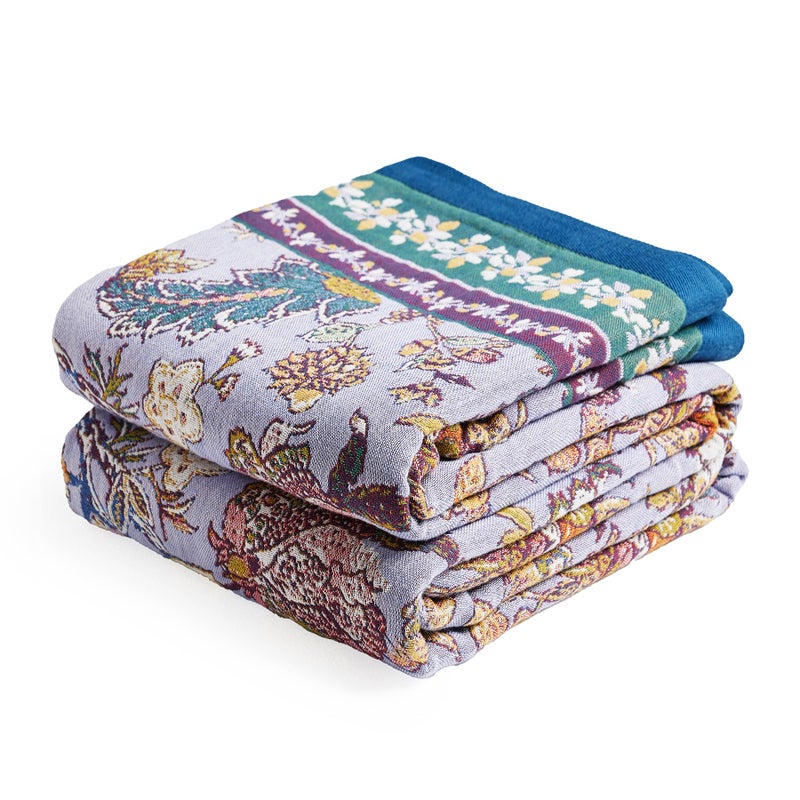 VANJOROY Boho Throw Blanket 91 x 98 100 Organic Cotton Breathable Ultra Soft Bed Purple Quilt Throw All Season Luxury Floral Farmhouse Decor Blanket for Sofa Couch Chair and Gift - Image 2
