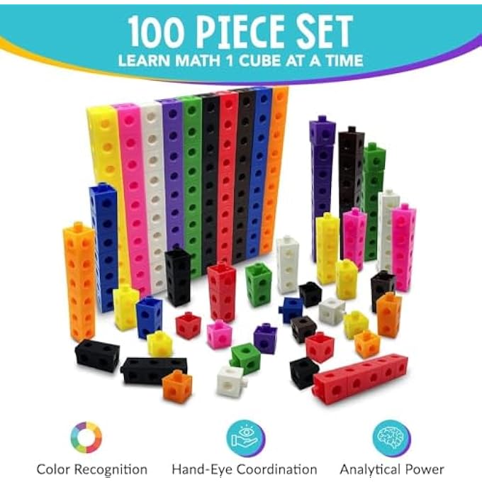مكعبات العد الرياضية، مكعبات الربط الرياضية، مكعبات يوني فيكس، كتل الأرقام لأنشطة التعلم في رياض الأطفال للأطفال من 3-8 سنوات، 100 قطعة 10 ألوان - Image 5