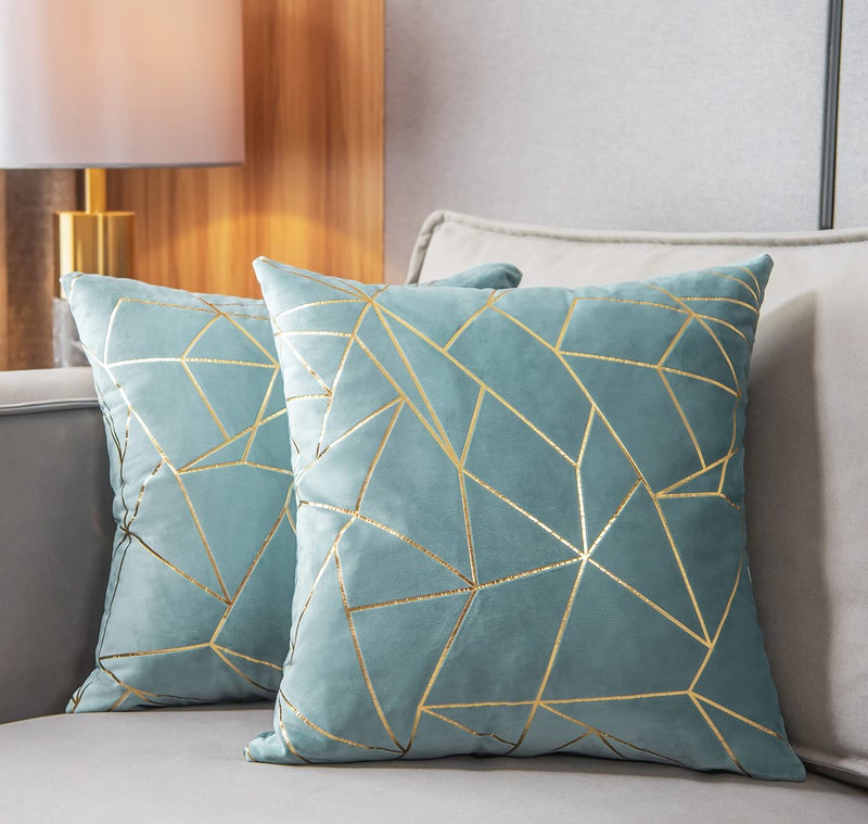 YONGLIU YONGLIU Pack of 2 Velvet Cushion Cases Decorative Gold Foil Geometric Pattern Ultra-Soft Square Throw Pillow Covers for Modern Homes Couch Sofa Bedroom Living Room Car Chair (Light Blue  20""X20"") 
