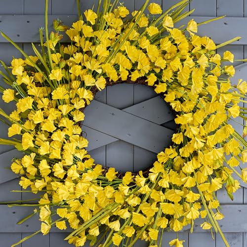 Zjlmit Artificial Spring Wreaths for Front Door 24 inch Spring Wreath Yellow Summer Wreath with Yellow Flowers Berries for Porch Farmhouse Wall Indoor Home Decoration - Image 1