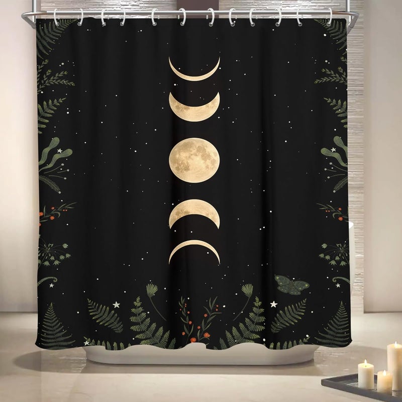 Coxila Moon Shower Curtain Gothic Goth Celestial Witchy Spooky Dark Black Galaxy Star Space Whimsigoth Whimsical Hippie Trippy Cool Cute Moody Fun Bathroom 60 x 72 Inch Polyester Fabric 12 Pack Hooks - Image 4
