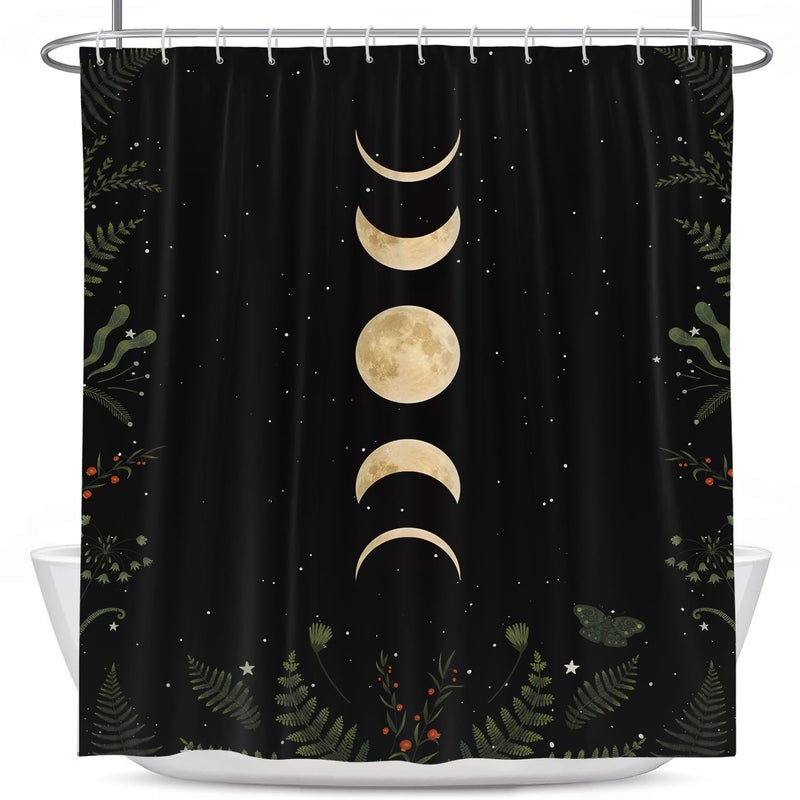 Coxila Moon Shower Curtain Gothic Goth Celestial Witchy Spooky Dark Black Galaxy Star Space Whimsigoth Whimsical Hippie Trippy Cool Cute Moody Fun Bathroom 60 x 72 Inch Polyester Fabric 12 Pack Hooks - Image 5