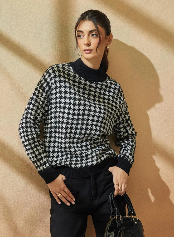 Styli Boxy Fit Regular Length Houndstooth Pattern Sweater