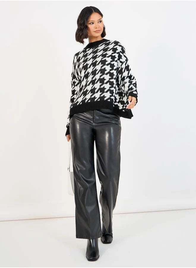 Styli Boxy Fit Regular Length Houndstooth Pattern Sweater