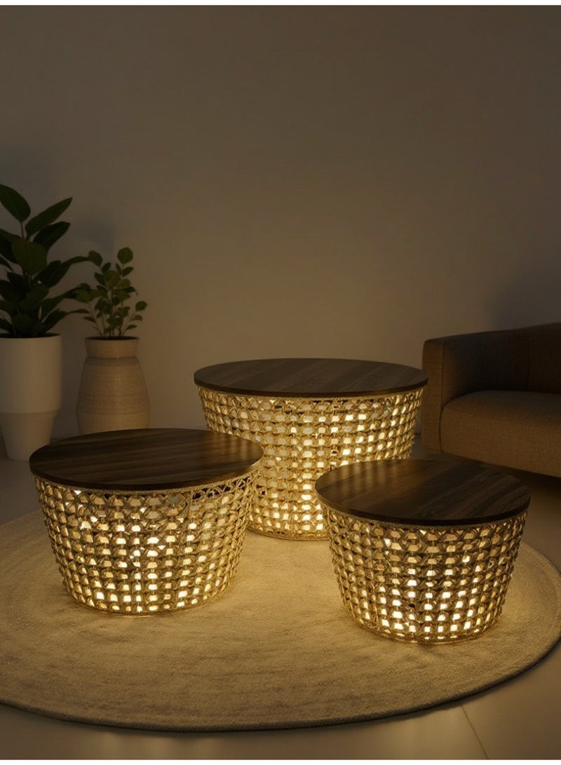 Living Set of 3 Wooden and Straw Tables with Natural Look and Modern Elegant Style - Image 2