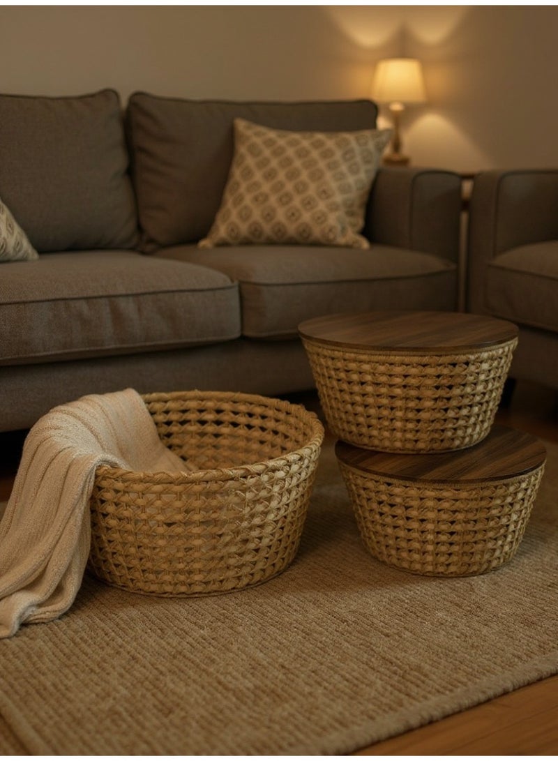 Living Set of 3 Wooden and Straw Tables with Natural Look and Modern Elegant Style - Image 3