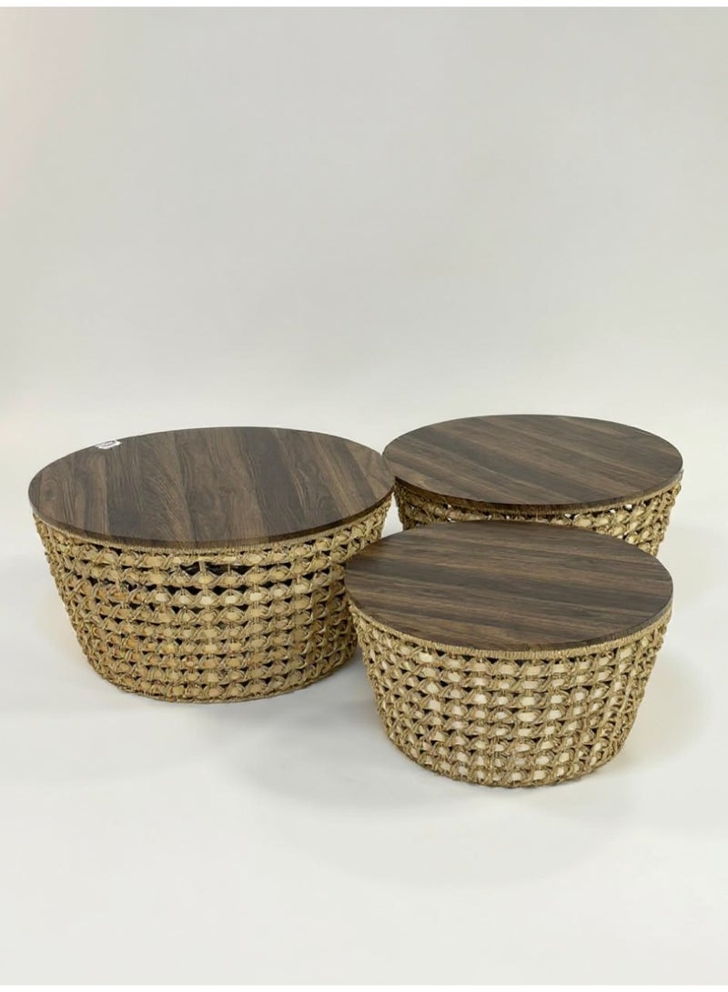 Living Set of 3 Wooden and Straw Tables with Natural Look and Modern Elegant Style - Image 5