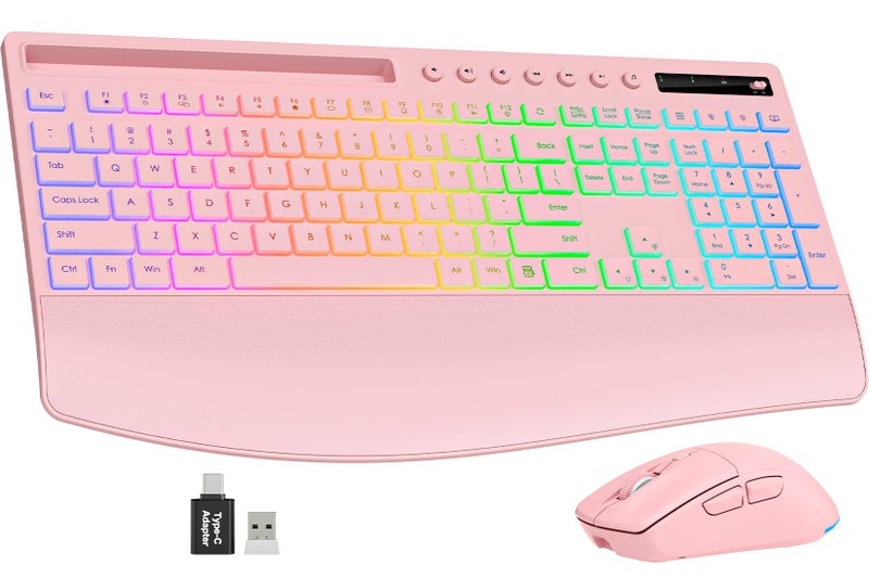 Trueque Wireless Keyboard and Mouse Combo, 4000mAh Rechargeable Backlit Keyboard with Wrist Rest & Phone Holder, Full Size Quiet Typing, 2.4G USB-A/Type-C for PC, Laptop, Windows, Chrome OS (Pink) - Image 1