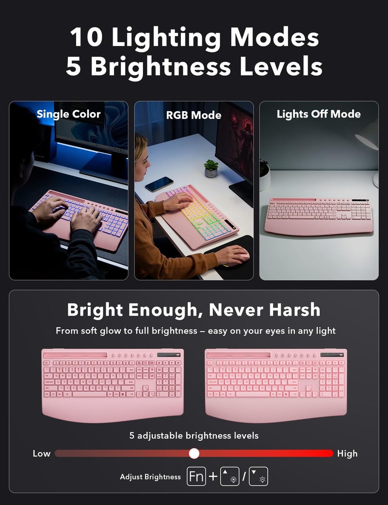 Trueque Wireless Keyboard and Mouse Combo, 4000mAh Rechargeable Backlit Keyboard with Wrist Rest & Phone Holder, Full Size Quiet Typing, 2.4G USB-A/Type-C for PC, Laptop, Windows, Chrome OS (Pink) - Image 4
