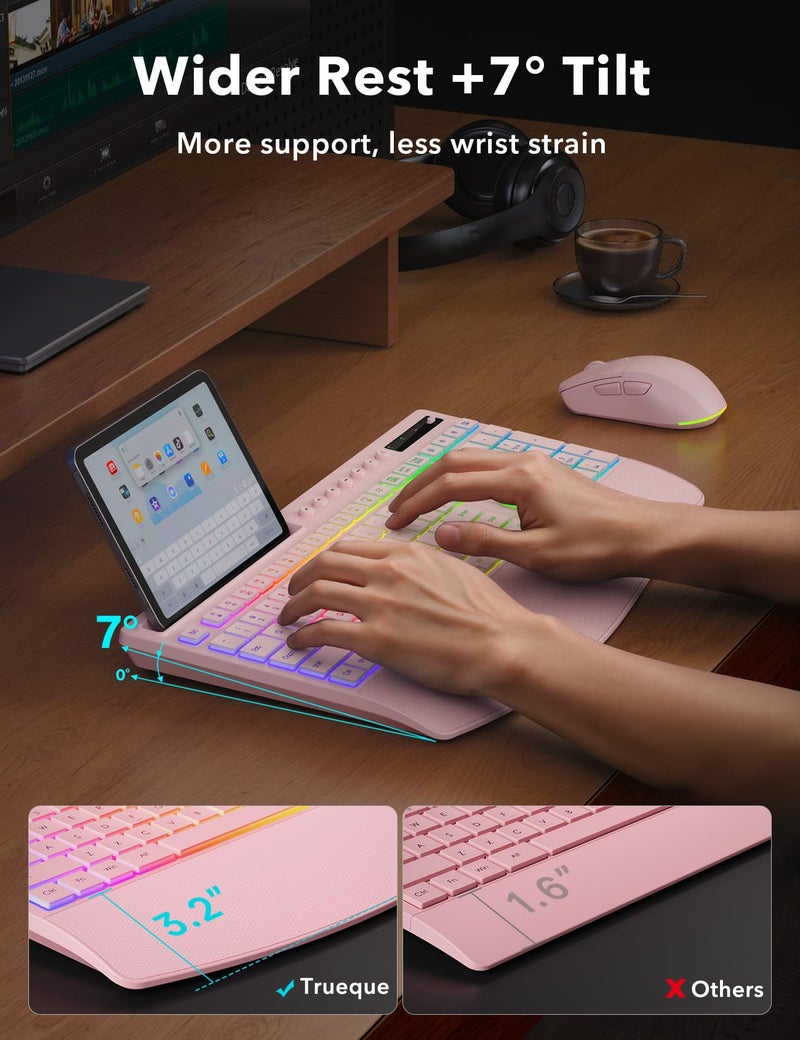 Trueque Wireless Keyboard and Mouse Combo, 4000mAh Rechargeable Backlit Keyboard with Wrist Rest & Phone Holder, Full Size Quiet Typing, 2.4G USB-A/Type-C for PC, Laptop, Windows, Chrome OS (Pink) - Image 3