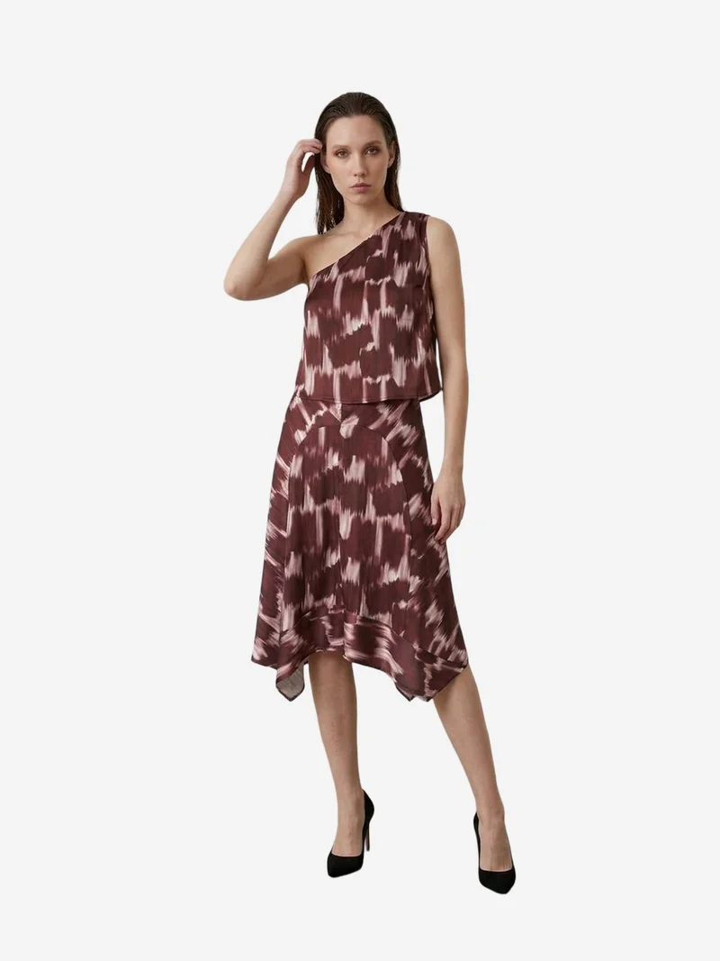 My Fashion Burgundy Red MY FASHION Asymmetrical Satin Blouse and Midi Skirt Set for Women | Best Price UAE