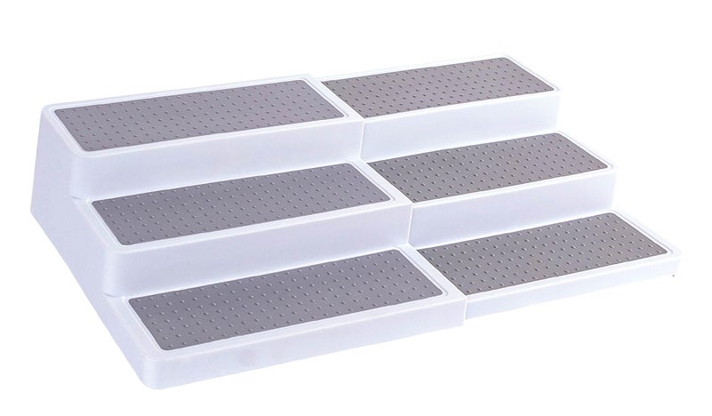 Oizeir 3–Tier Expandable Plastic Spice Rack - Adjustable Length, Stability with Non-Skid Shelf, Three Tiers for Easy Visibility, Organizer for Kitchen Cabinet, Pantry or Countertop, White/Grey - Image 1