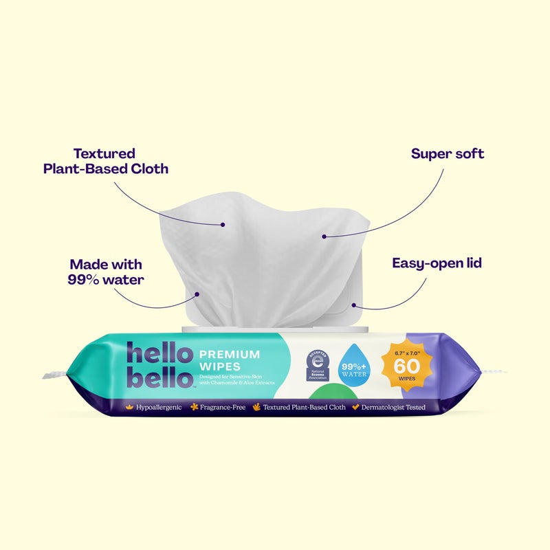Hello Bello Extra Gentle Unscented Baby Wipes, Plant Based, Made with 99% Water and Aloe for Babies and Kids, 720 Count - Image 2