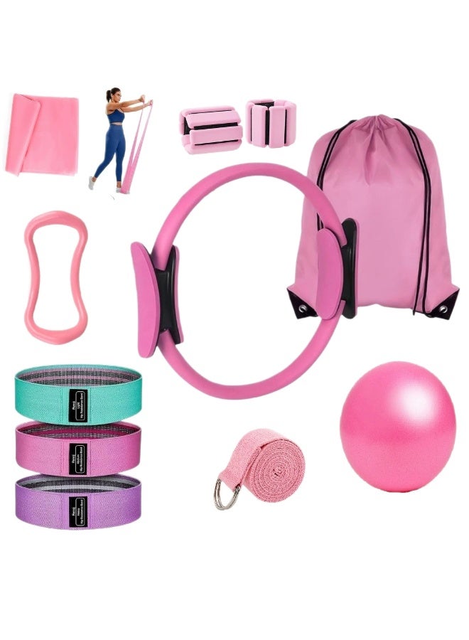 11-Piece Pilates Fitness Equipment Set for Women | Fitness Set, Pilates Set, Weighted Band, Yoga | Includes 9.8-inch Exercise Ball, Magic Circle, Yoga Circle, Resistance Band, Weighted Band, and Other Pilates Equipment | Perfect for Full-Body Workouts and Stretching, Comes with a Tote Bag (Pink)