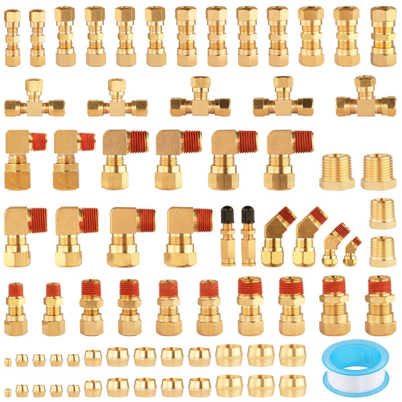 Ailbiuko 74Pcs DOT Air Brake Line FittingsBrass Compression Air Nylon Tubing Fittings Assortment Kits 14 18 38 12 58 for Industrial Use or Trucks Trailers