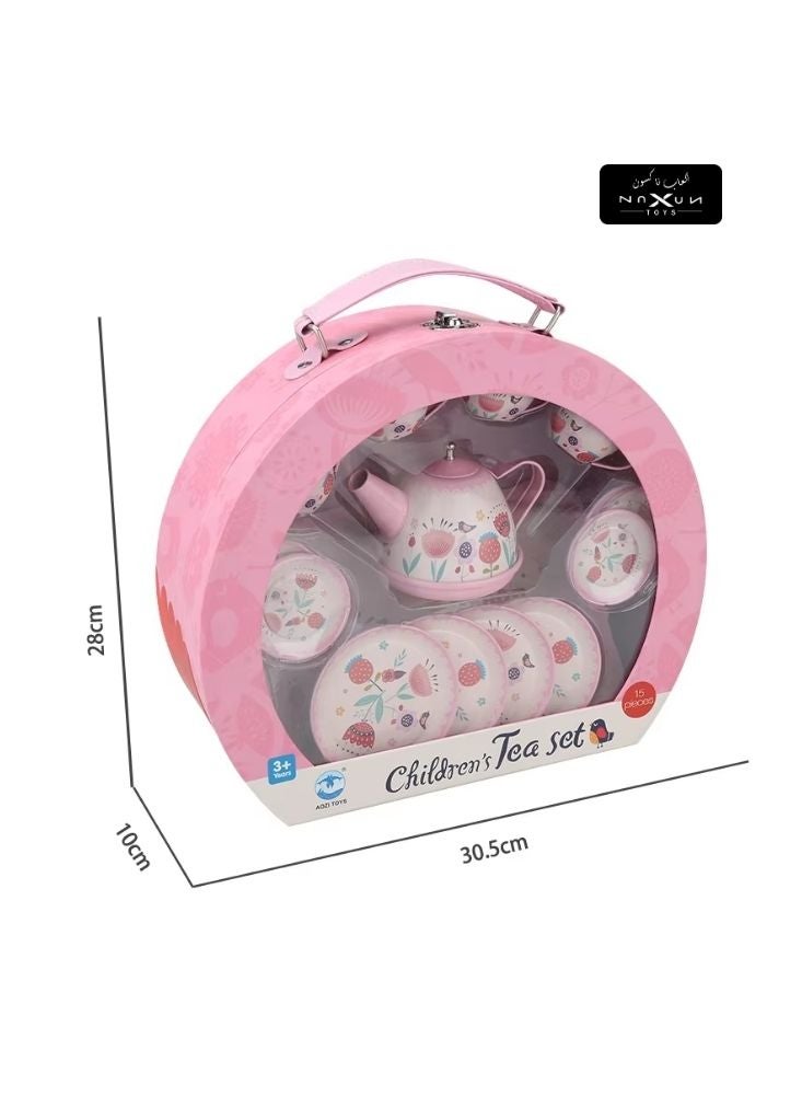 Children’s Tea Set – 15 Pieces Pink Kitchen Playset with Cups, Saucers, Teapot  Tray for Kids - Image 2