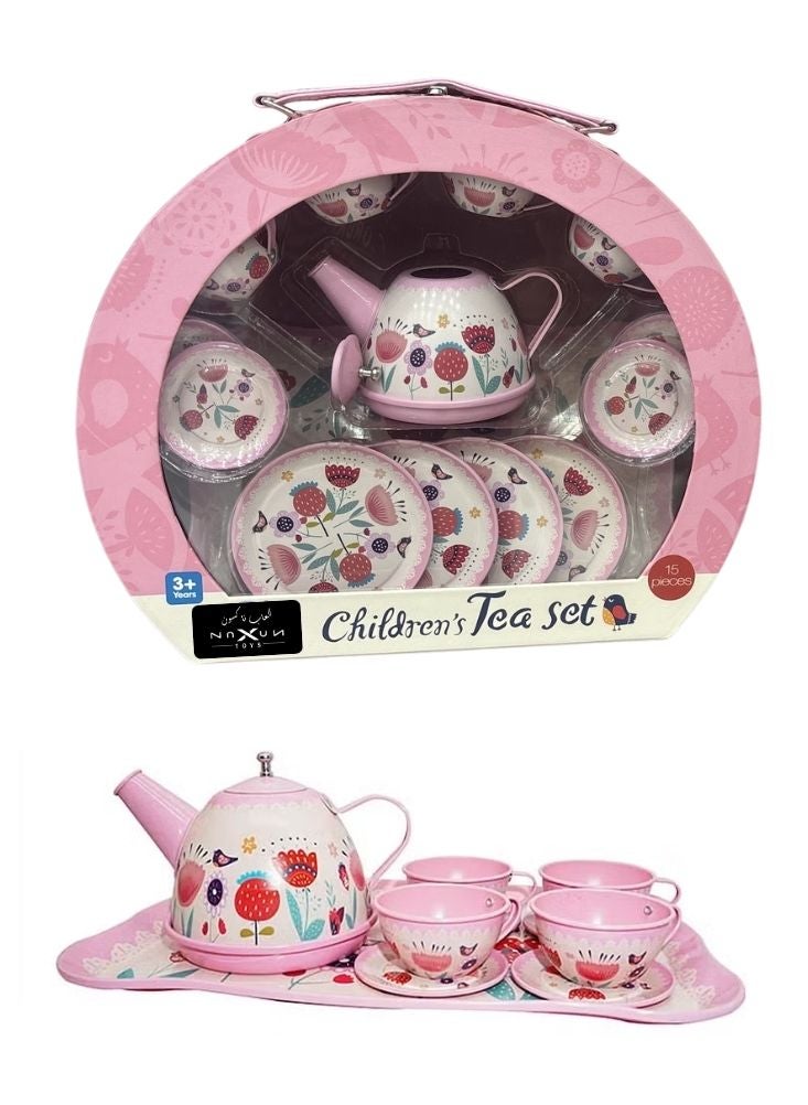 Children’s Tea Set – 15 Pieces Pink Kitchen Playset with Cups, Saucers, Teapot  Tray for Kids - Image 1