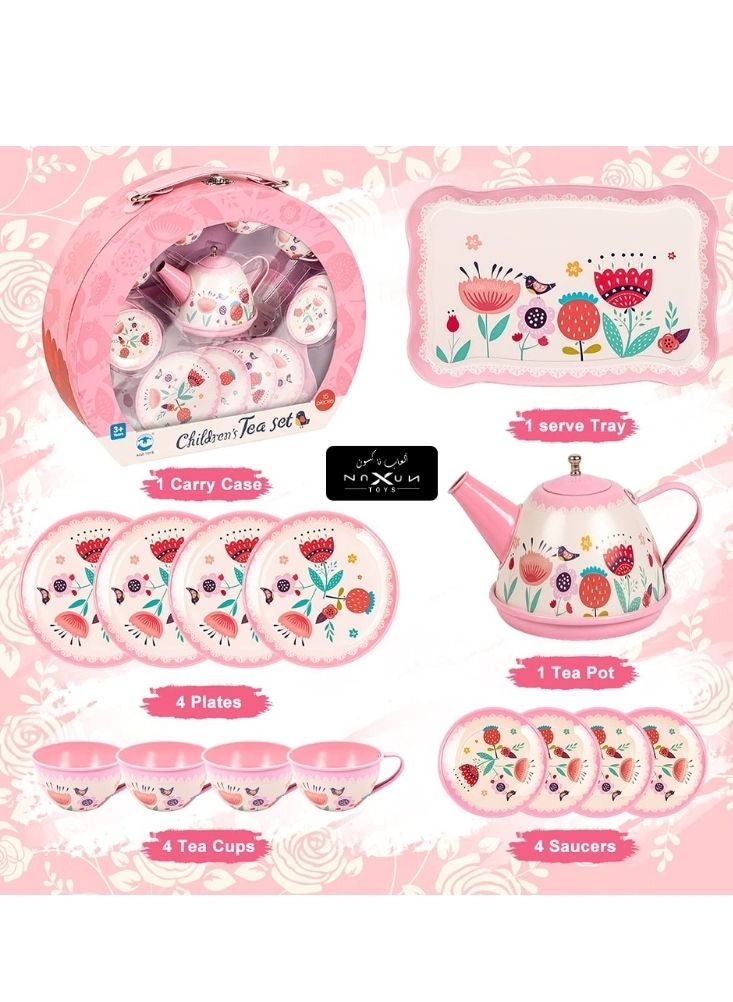 Children’s Tea Set – 15 Pieces Pink Kitchen Playset with Cups, Saucers, Teapot  Tray for Kids - Image 3
