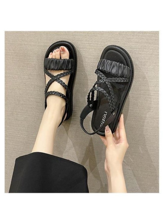 NIBEMINENT Women's Sandals Summer Fairy Style Elastic Band Thick Heel Outdoor Fashionable Slippers Comfortable Rubber Sole  - Image 4