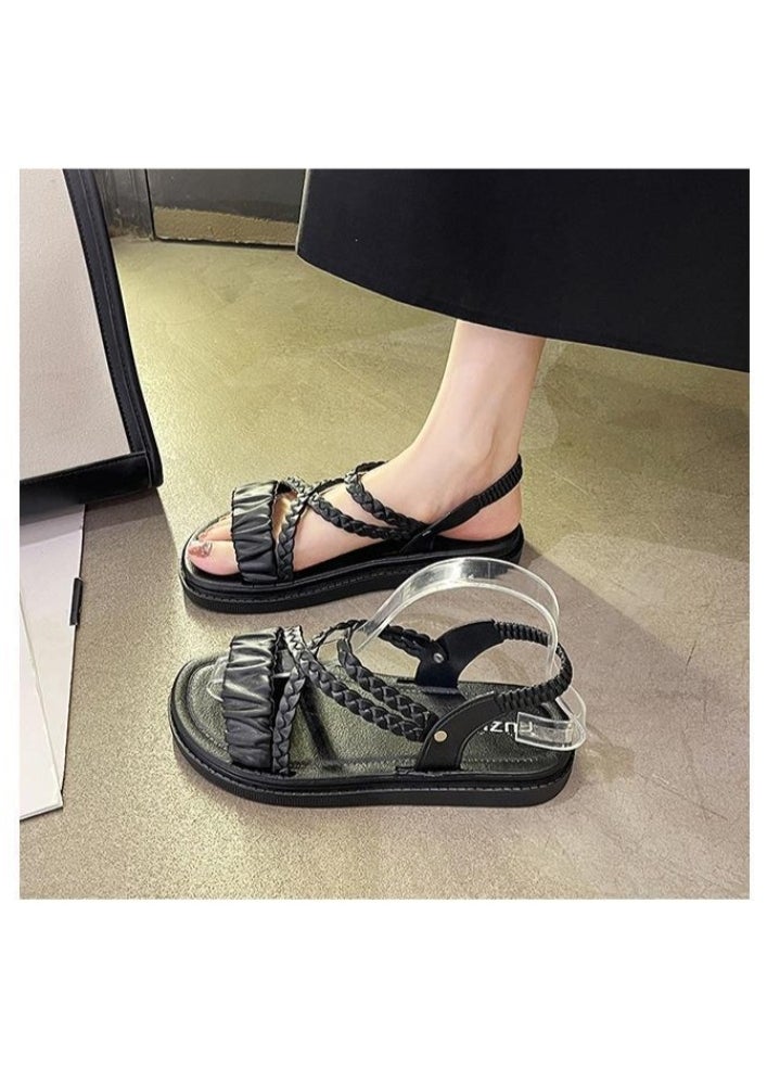 NIBEMINENT Women's Sandals Summer Fairy Style Elastic Band Thick Heel Outdoor Fashionable Slippers Comfortable Rubber Sole  - Image 2