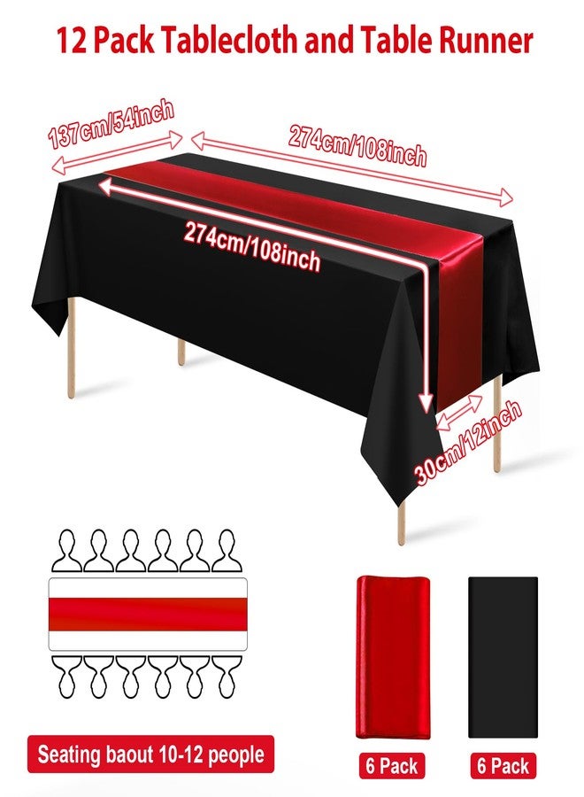 MASHAN 12Pack 12x108 Inch Satin Table Runner and 54x108Inch Plastic Tablecloths Set Black and Red Disposable Rectangle Table Cover for Graduation Wedding Bridal Shower Anniversary Birthday Party Decorations - Image 2