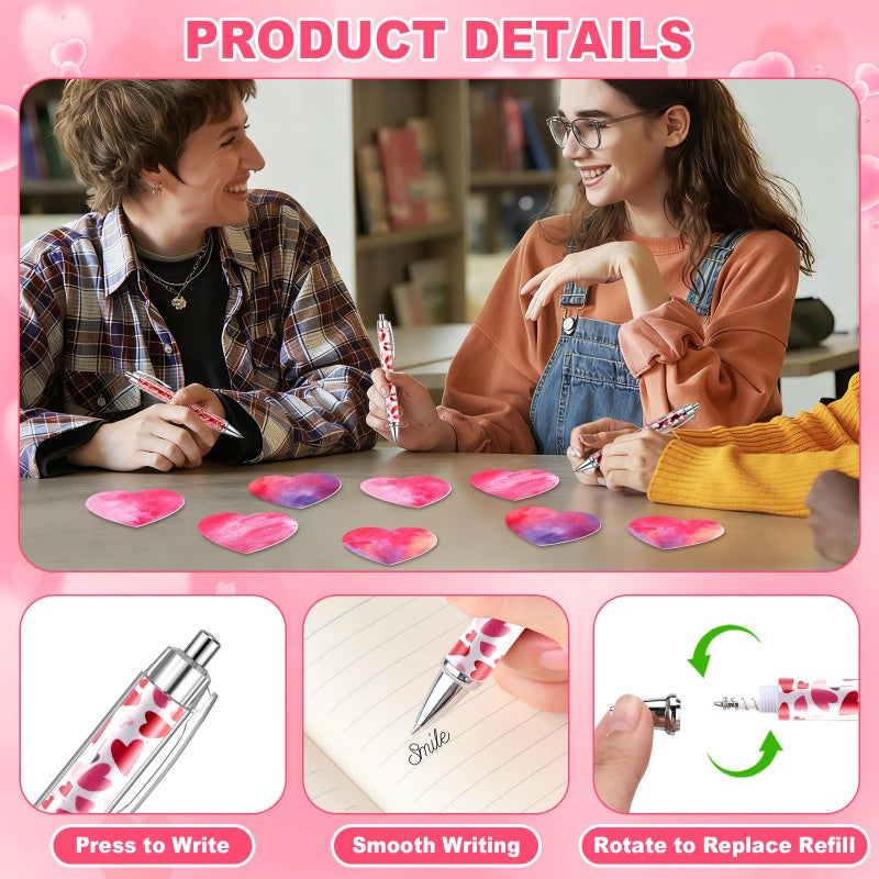 Fullhawl 144 Pcs Valentine's Day Pens and Sticky Notes Set, Bulk Heart Retractable Ballpoint Pens with Mini Sticky Notes & Organza Gift Bags, Classroom Exchange Party Favors for Student Coworker - Image 4