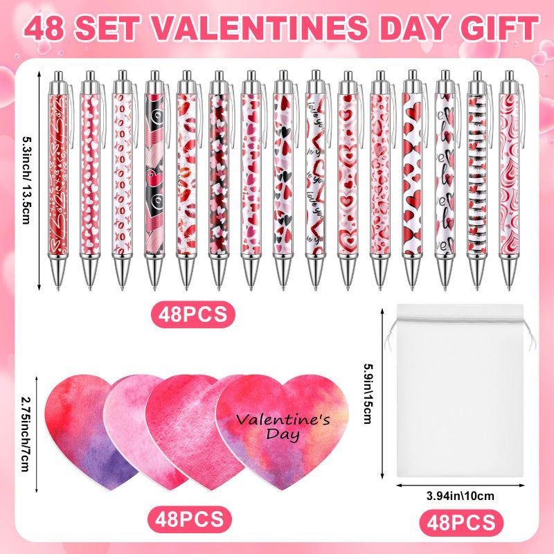 Fullhawl 144 Pcs Valentine's Day Pens and Sticky Notes Set, Bulk Heart Retractable Ballpoint Pens with Mini Sticky Notes & Organza Gift Bags, Classroom Exchange Party Favors for Student Coworker - Image 2