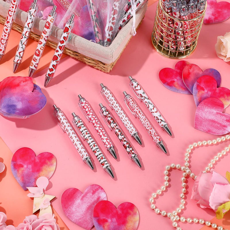 Fullhawl 144 Pcs Valentine's Day Pens and Sticky Notes Set, Bulk Heart Retractable Ballpoint Pens with Mini Sticky Notes & Organza Gift Bags, Classroom Exchange Party Favors for Student Coworker - Image 3