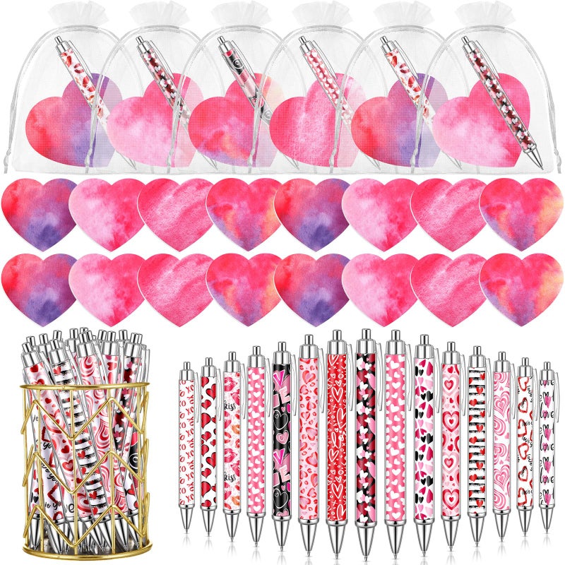 Fullhawl 144 Pcs Valentine's Day Pens and Sticky Notes Set, Bulk Heart Retractable Ballpoint Pens with Mini Sticky Notes & Organza Gift Bags, Classroom Exchange Party Favors for Student Coworker - Image 1