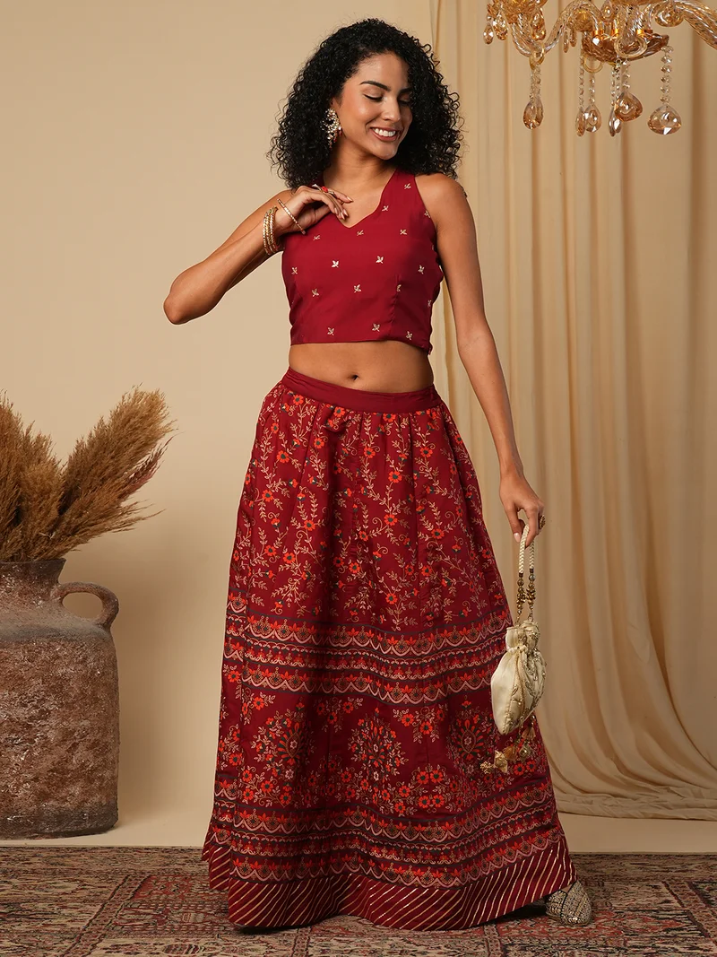 globus Women Maroon Floral Embroidered Halter Neck Top With Skirt