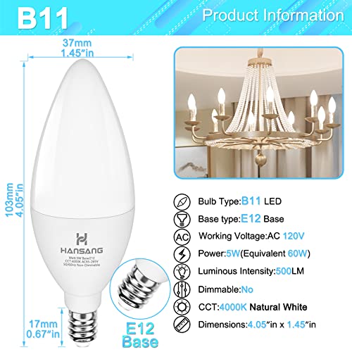 hansang LED E12 Chandelier Light Bulbs, Type B Light Bulbs 5W (60W Equivalent), Natural White 4000K Candelabra LED Light Bulbs, E12 Light Bulb 500LM, Non-Dimmable B11 Ceiling Fan Light Bulb, 8 Pack - Image 2