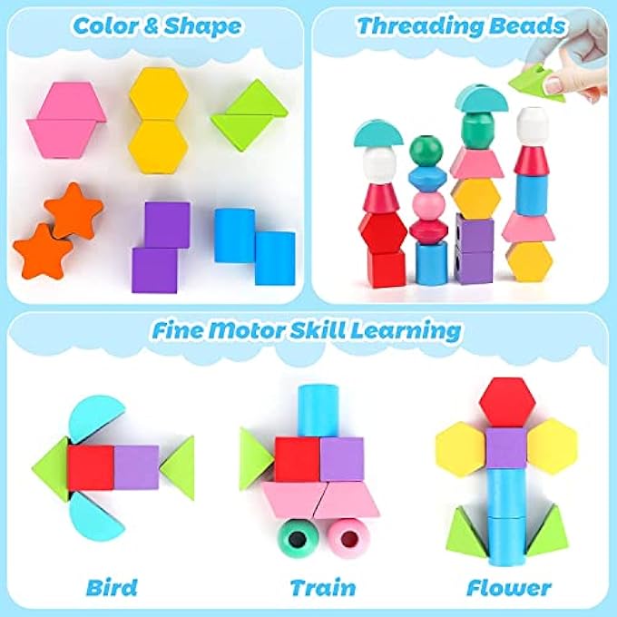 WOODEN BEADS SEQUENCING TOY SET, LACING BEADS & MATCHING SHAPE,MONTESSORI TOYS FOR 2 3 4 5 YEAR OLD STEM PRESCHOOL EDUCATION TOYS GIFTS FOR KIDS BOY GIRL - Image 5