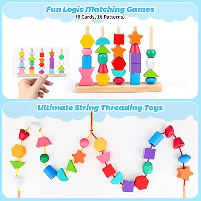 WOODEN BEADS SEQUENCING TOY SET, LACING BEADS & MATCHING SHAPE,MONTESSORI TOYS FOR 2 3 4 5 YEAR OLD STEM PRESCHOOL EDUCATION TOYS GIFTS FOR KIDS BOY GIRL - Image 4