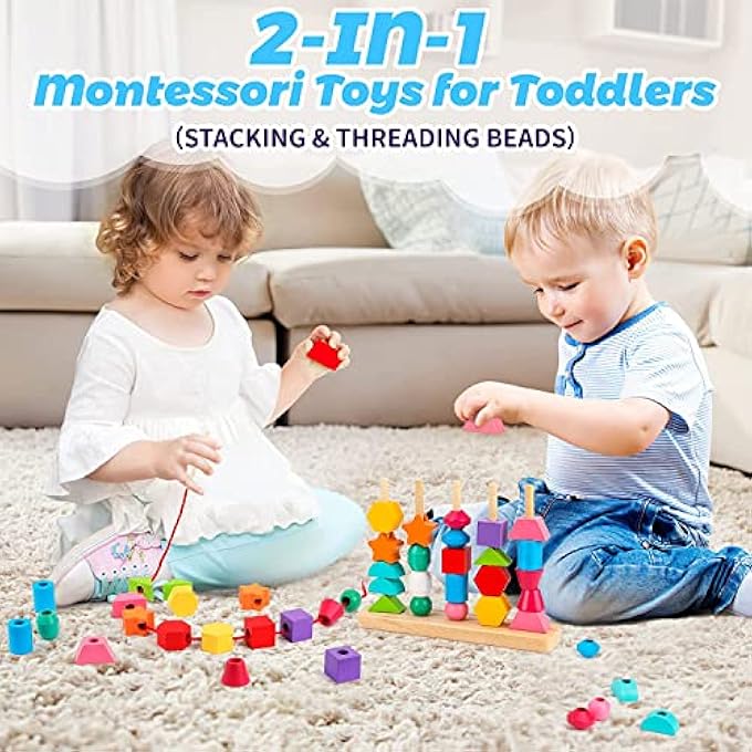 WOODEN BEADS SEQUENCING TOY SET, LACING BEADS & MATCHING SHAPE,MONTESSORI TOYS FOR 2 3 4 5 YEAR OLD STEM PRESCHOOL EDUCATION TOYS GIFTS FOR KIDS BOY GIRL - Image 3