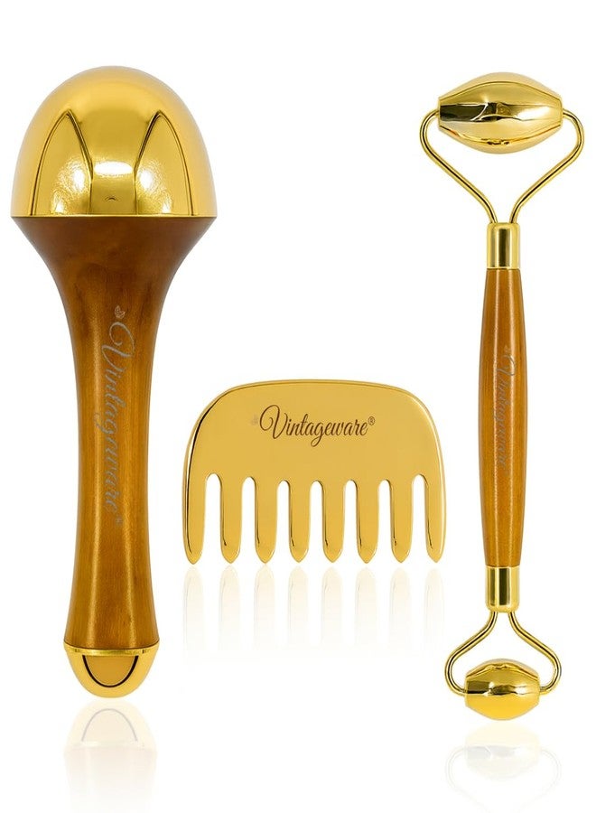 Vintageware® Dual Side Kansa Wand, Bronze Comb, and Kansa Face Roller - Ayurvedic Massage Tools for Relaxation, Detox, Hair Growth, and Anti-Aging Skincare - Image 1