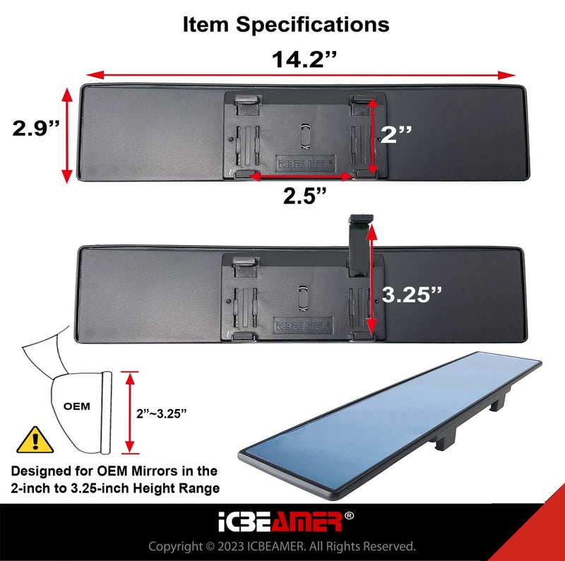 ICBEAMER 14.2" ICBEAMER Clip On Rear View Mirror | Flat Blue Tint, Panoramic Wide Angle HD Glass, Anti Glare, Universal Fit for Car, SUV, Truck | Eliminates Blind Spots (1 Pack) - Image 5