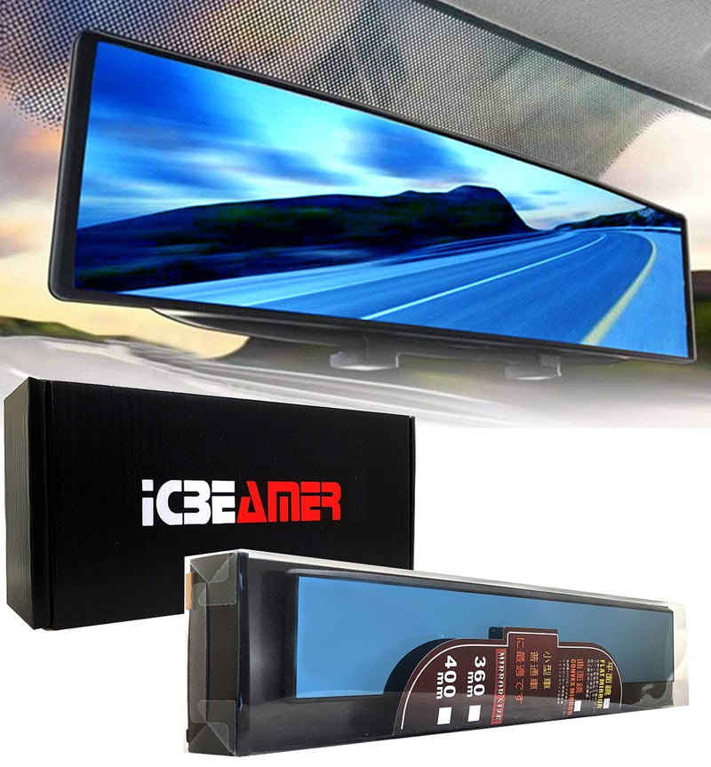 ICBEAMER 14.2" ICBEAMER Clip On Rear View Mirror | Flat Blue Tint, Panoramic Wide Angle HD Glass, Anti Glare, Universal Fit for Car, SUV, Truck | Eliminates Blind Spots (1 Pack) - Image 1