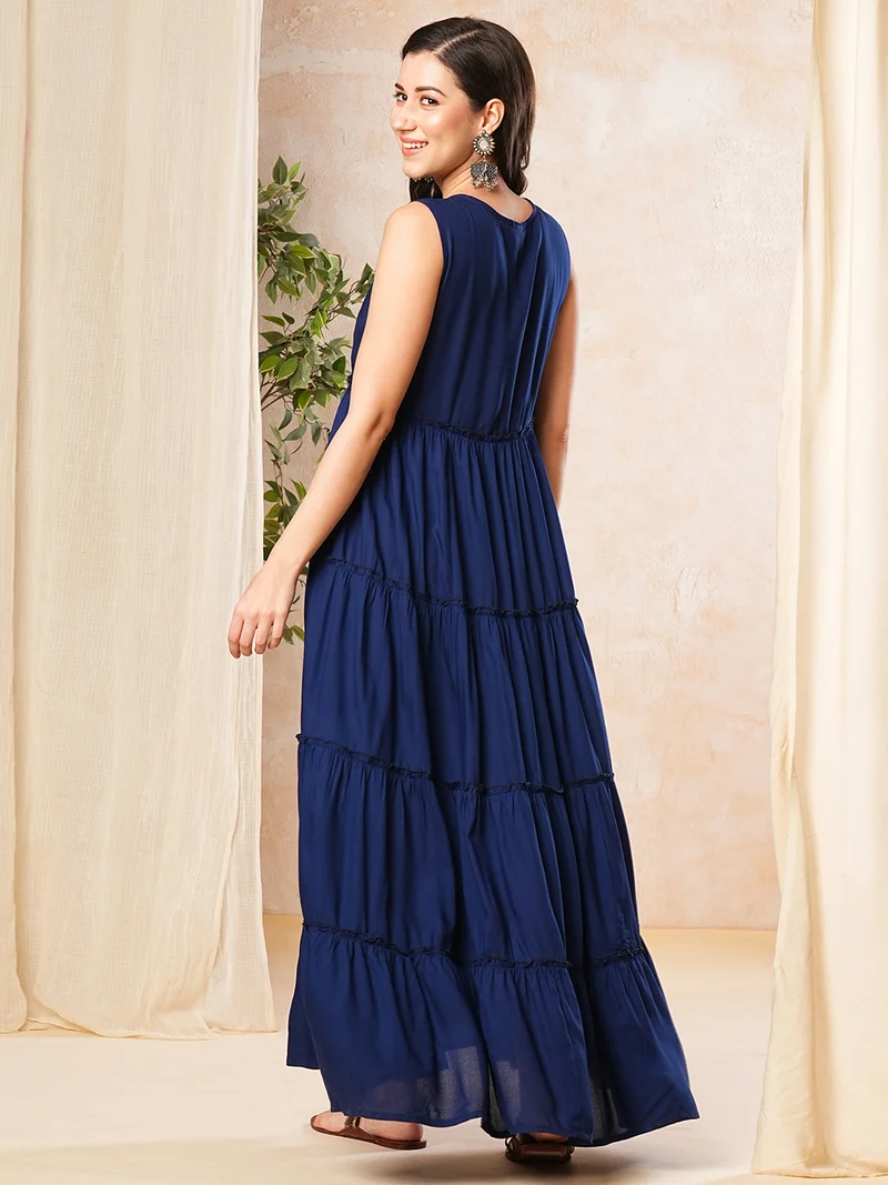 globus Women Embroidered Yoke Tiered Fit & Flare Maxi Dress