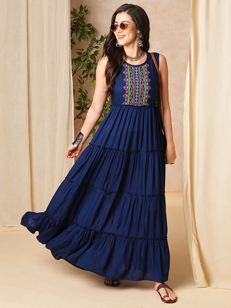 جلو باص Globus Women Embroidered Yoke Tiered Fit & Flare Maxi Dress