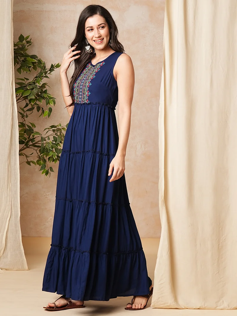 جلو باص Globus Women Embroidered Yoke Tiered Fit & Flare Maxi Dress